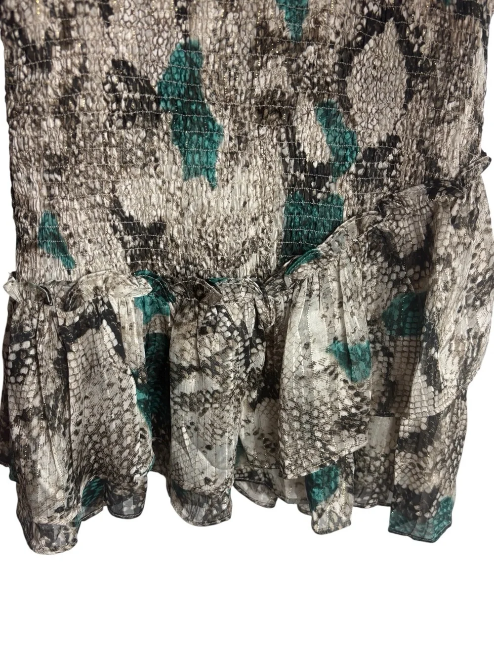 BUDDY LOVE Teal / Gray Ruffle ZoZo Snake-Print Long Sleeve Mini Dress MED NWT